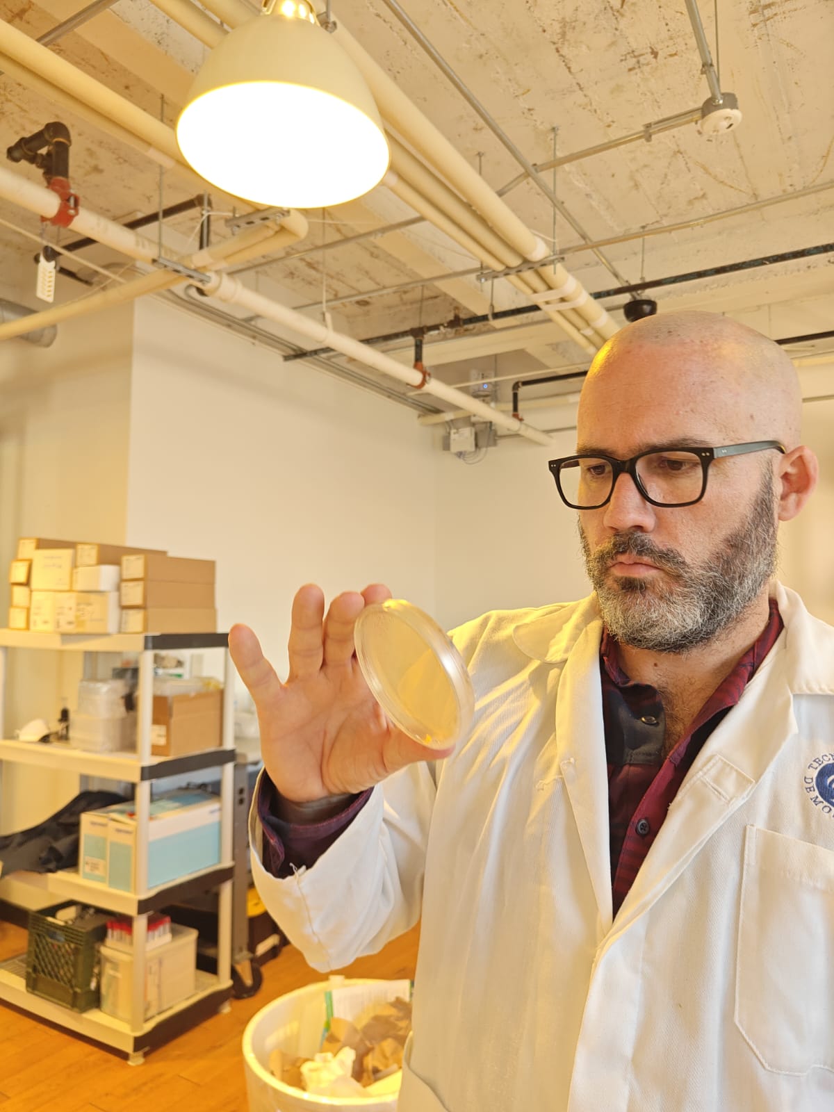 Alvaro in the lab with petri dish